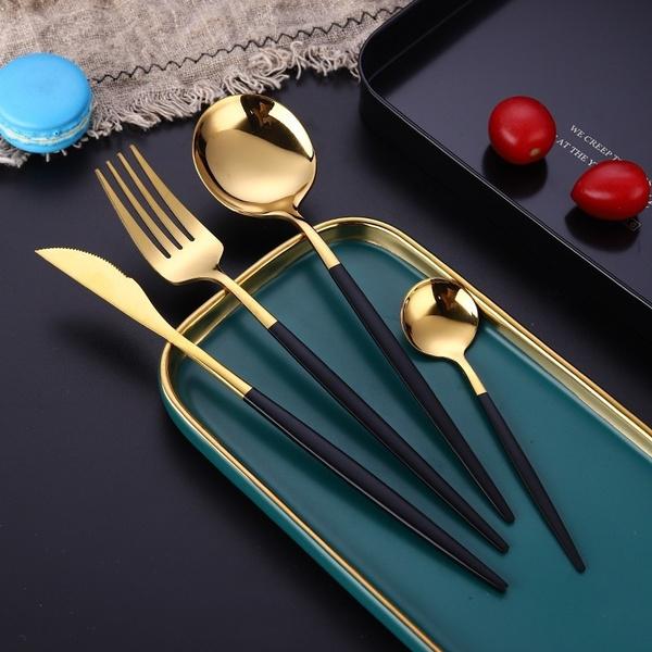 4-Pieces: Mirror Polish Dinnerware Set Stainless Steel Cutlery Set Flat Tableware Kitchen & Dining Black/Gold - DailySale