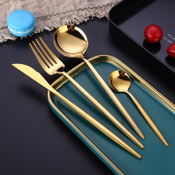 4-Pieces: Mirror Polish Dinnerware Set Stainless Steel Cutlery Set Flat Tableware Kitchen & Dining Gold - DailySale