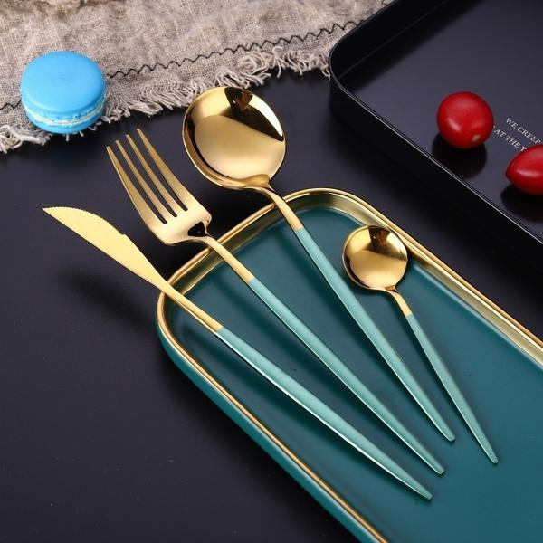 4-Pieces: Mirror Polish Dinnerware Set Stainless Steel Cutlery Set Flat Tableware Kitchen & Dining Green/Gold - DailySale