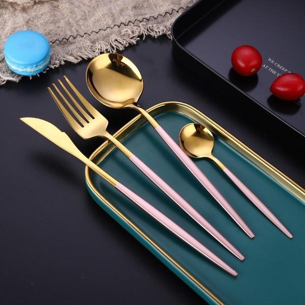 4-Pieces: Mirror Polish Dinnerware Set Stainless Steel Cutlery Set Flat Tableware Kitchen & Dining Pink/Gold - DailySale