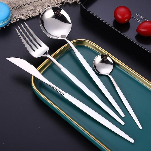 4-Pieces: Mirror Polish Dinnerware Set Stainless Steel Cutlery Set Flat Tableware Kitchen & Dining Silver - DailySale