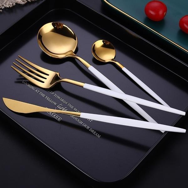 4-Pieces: Mirror Polish Dinnerware Set Stainless Steel Cutlery Set Flat Tableware Kitchen & Dining White/Gold - DailySale