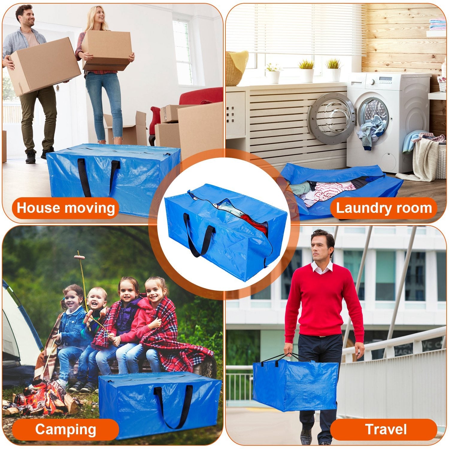 4-Pieces: Reusable Plastic Totes Blue Moving Bin Zippered Storage Bag Closet & Storage - DailySale