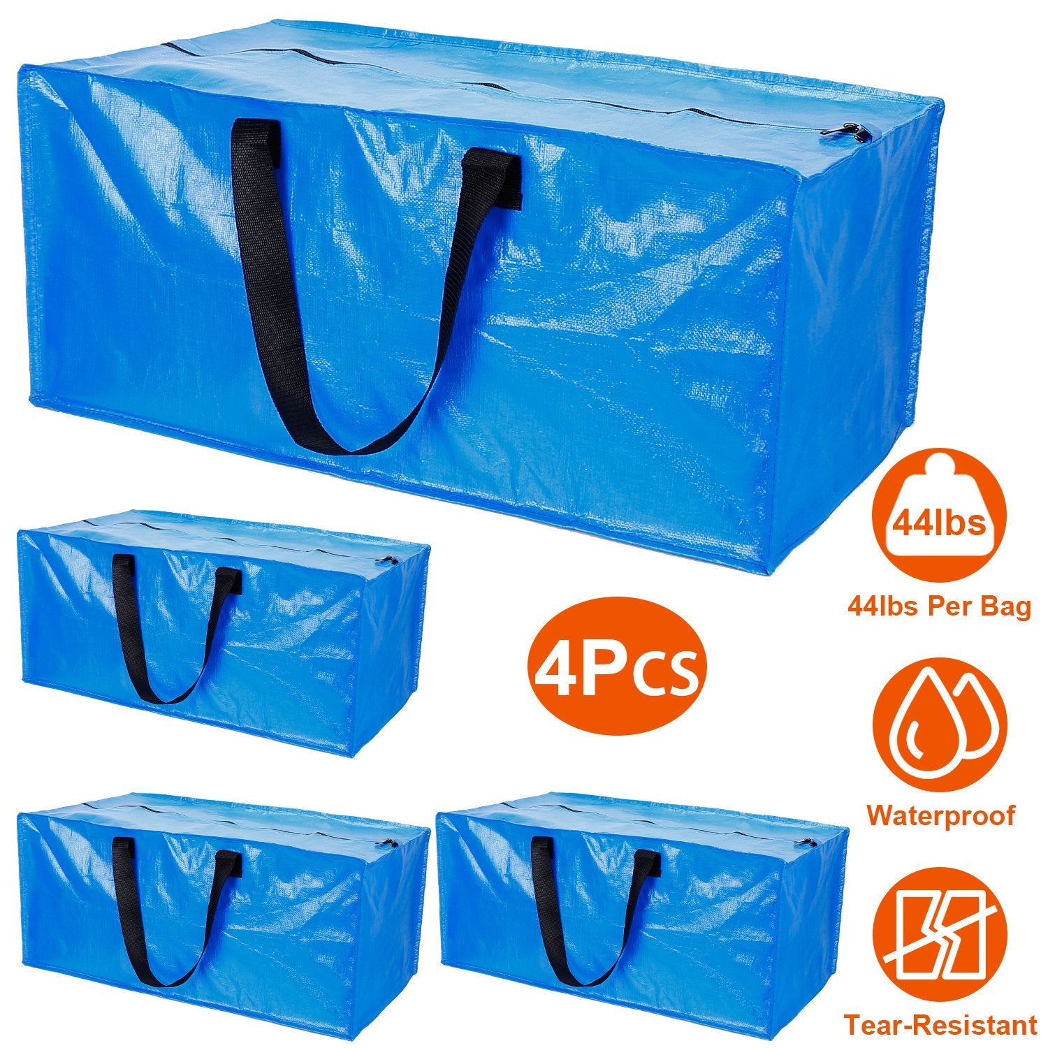 4-Pieces: Reusable Plastic Totes Blue Moving Bin Zippered Storage Bag Closet & Storage - DailySale