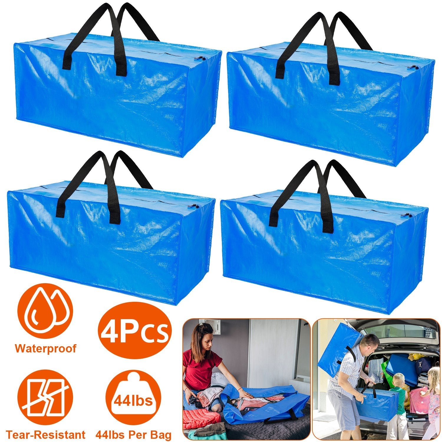 4-Pieces: Reusable Plastic Totes Blue Moving Bin Zippered Storage Bag Closet & Storage - DailySale