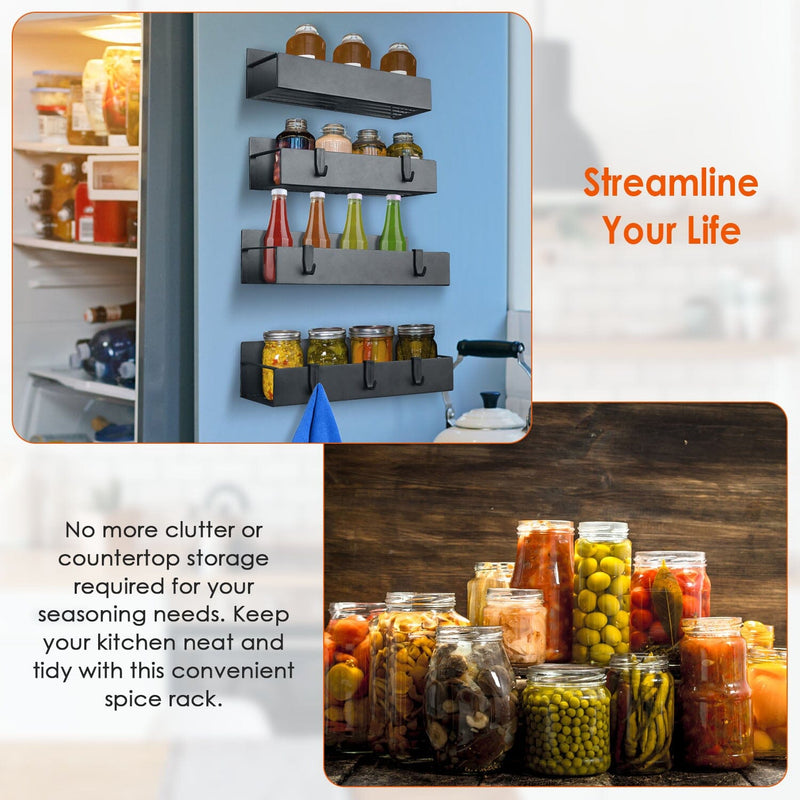 4-Pieces: Spice Rack Strong Magnetic Seasoning Storage Shelf with 8 Removable Hooks Kitchen Storage - DailySale