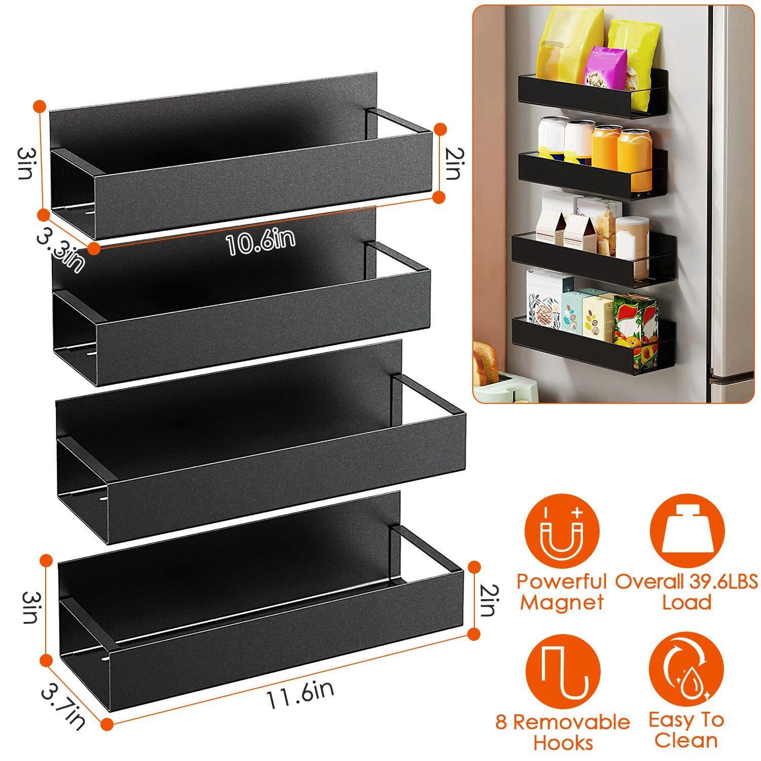 4-Pieces: Spice Rack Strong Magnetic Seasoning Storage Shelf with 8 Removable Hooks Kitchen Storage - DailySale