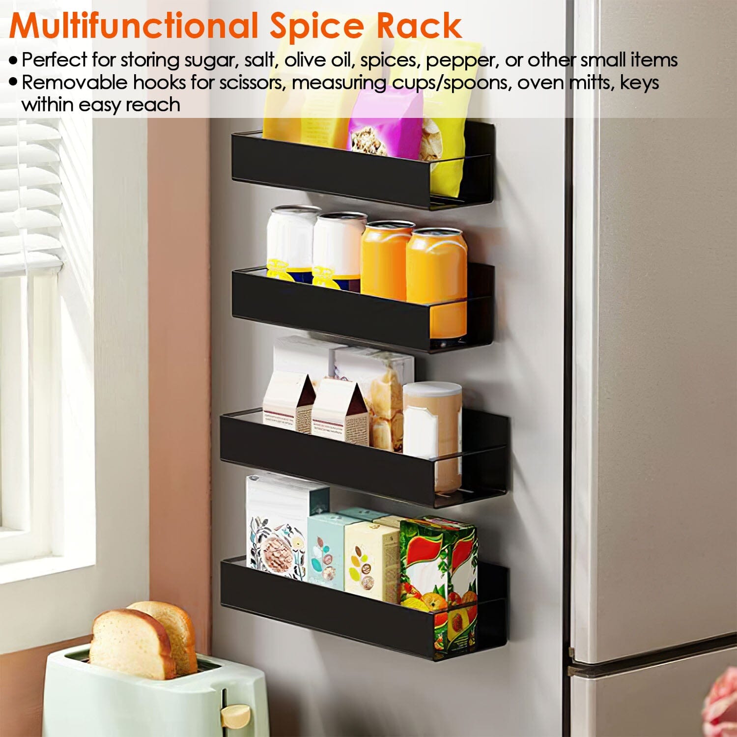 4-Pieces: Spice Rack Strong Magnetic Seasoning Storage Shelf with 8 Removable Hooks Kitchen Storage - DailySale