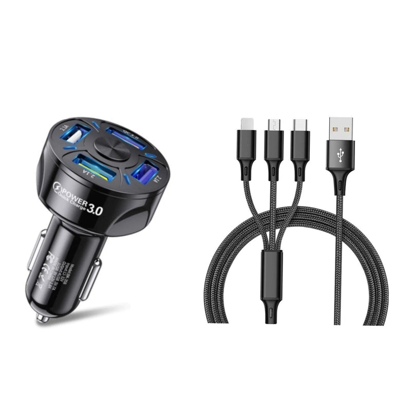 4 Port LED Car Charger + 3 in 1 Cable Combo Automotive Black - DailySale