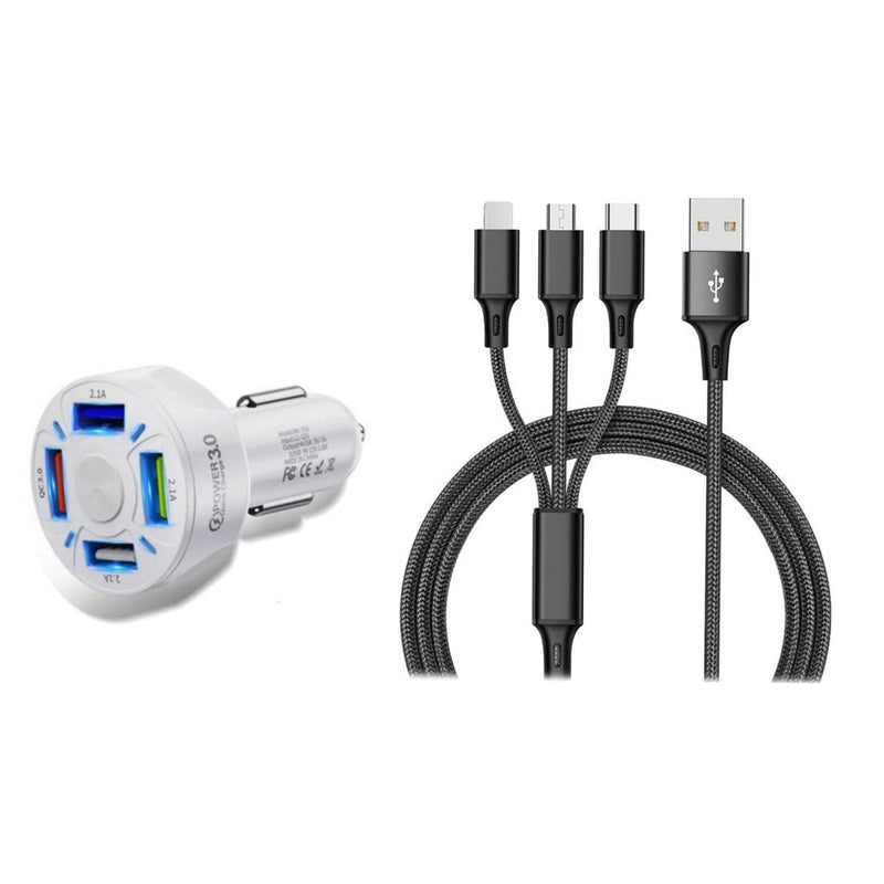 4 Port LED Car Charger + 3-in-1 Cable Combo Automotive Black - DailySale