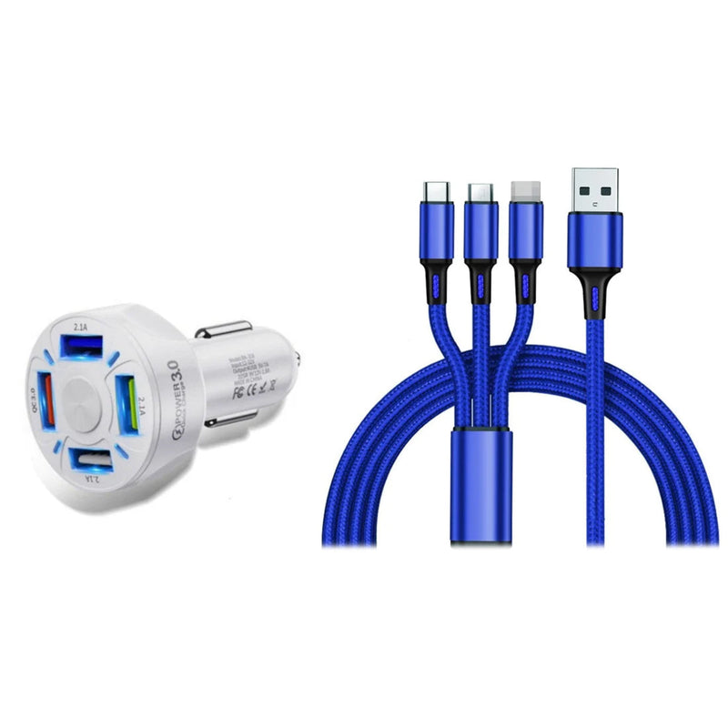4 Port LED Car Charger + 3-in-1 Cable Combo Automotive Blue - DailySale