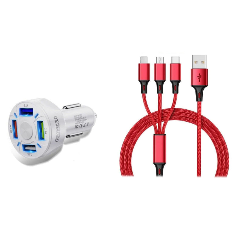 4 Port LED Car Charger + 3-in-1 Cable Combo Automotive Red - DailySale