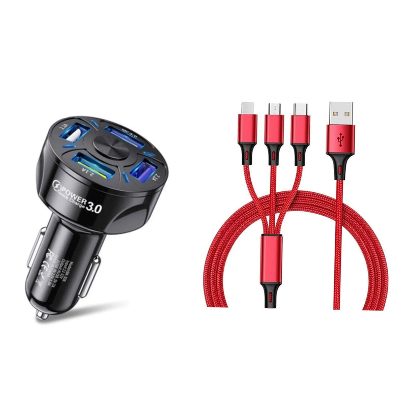 4 Port LED Car Charger + 3 in 1 Cable Combo Automotive Red - DailySale
