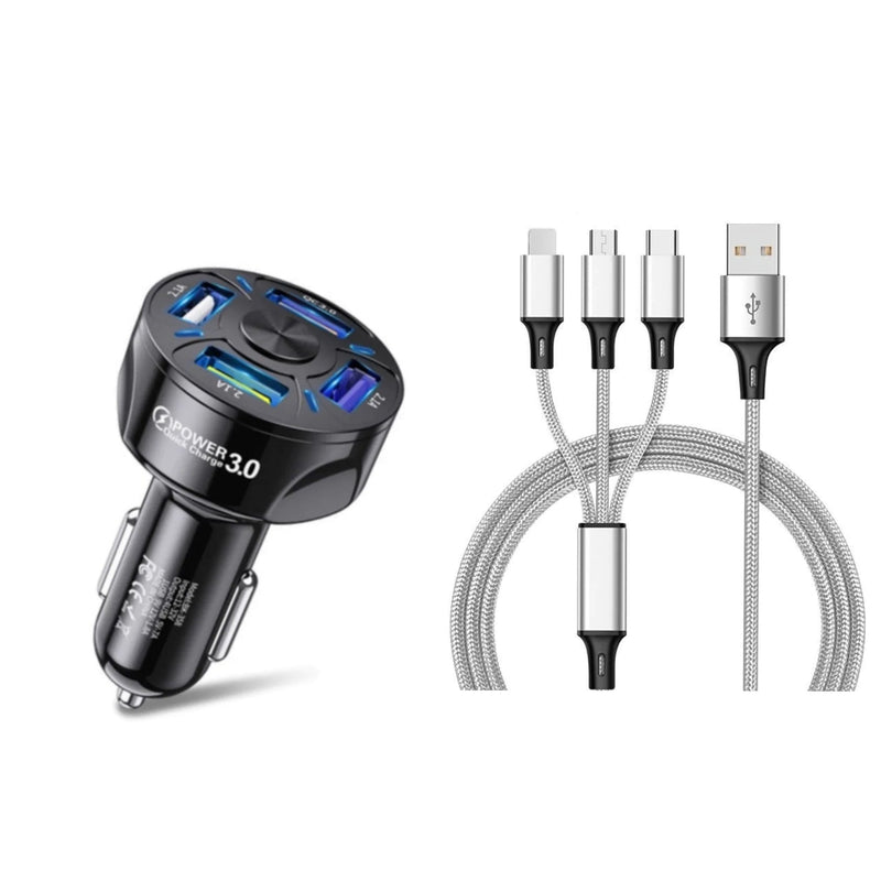 4 Port LED Car Charger + 3 in 1 Cable Combo Automotive Silver - DailySale