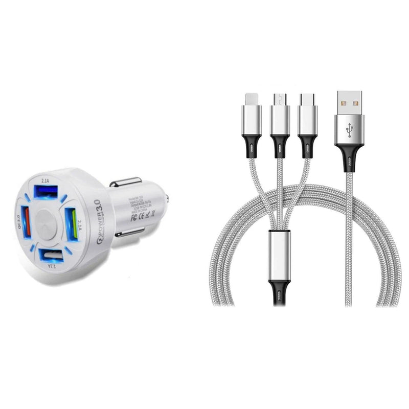 4 Port LED Car Charger + 3-in-1 Cable Combo Automotive Silver - DailySale
