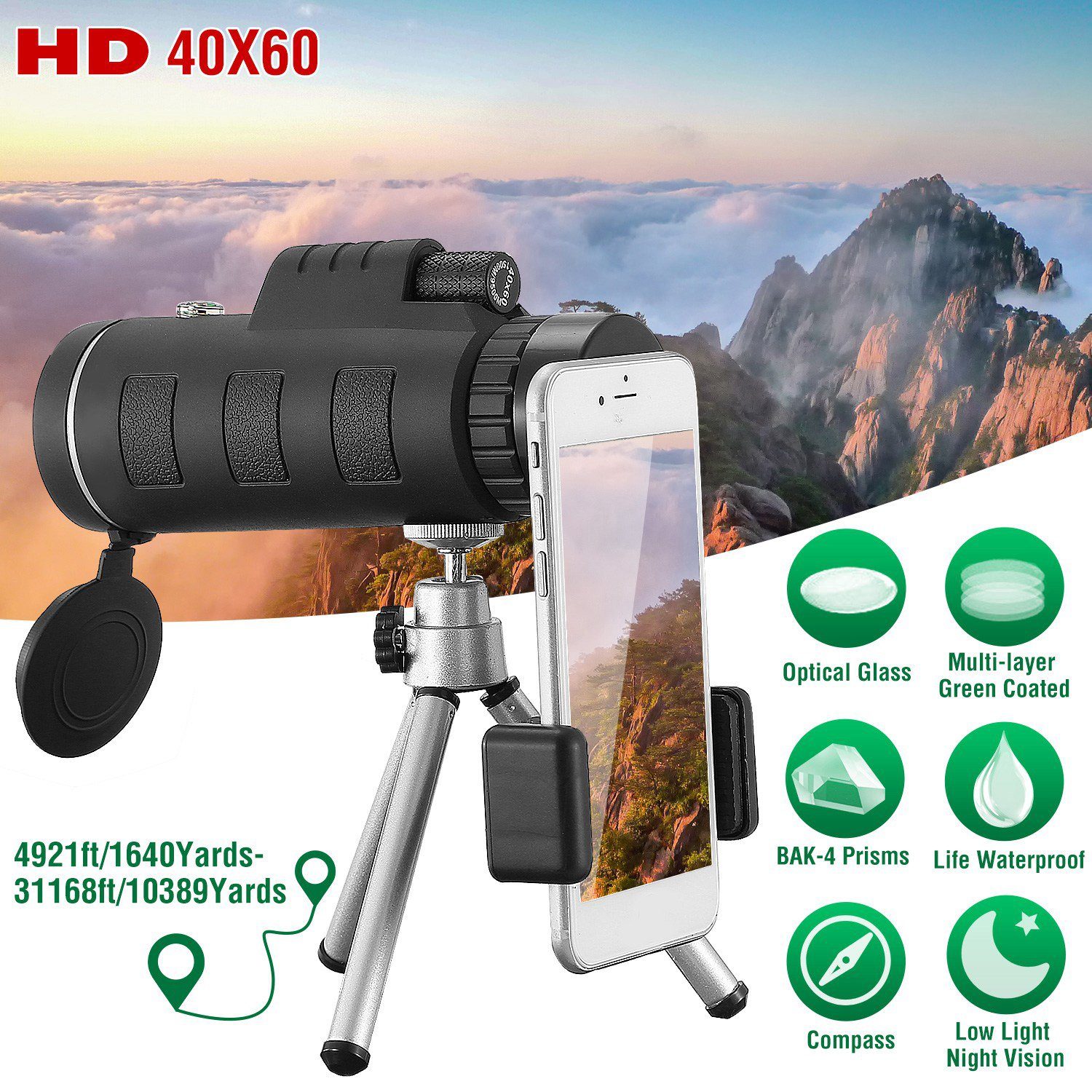 40x60 HD Optical Monocular Telescope with FMC Lens Sports & Outdoors - DailySale