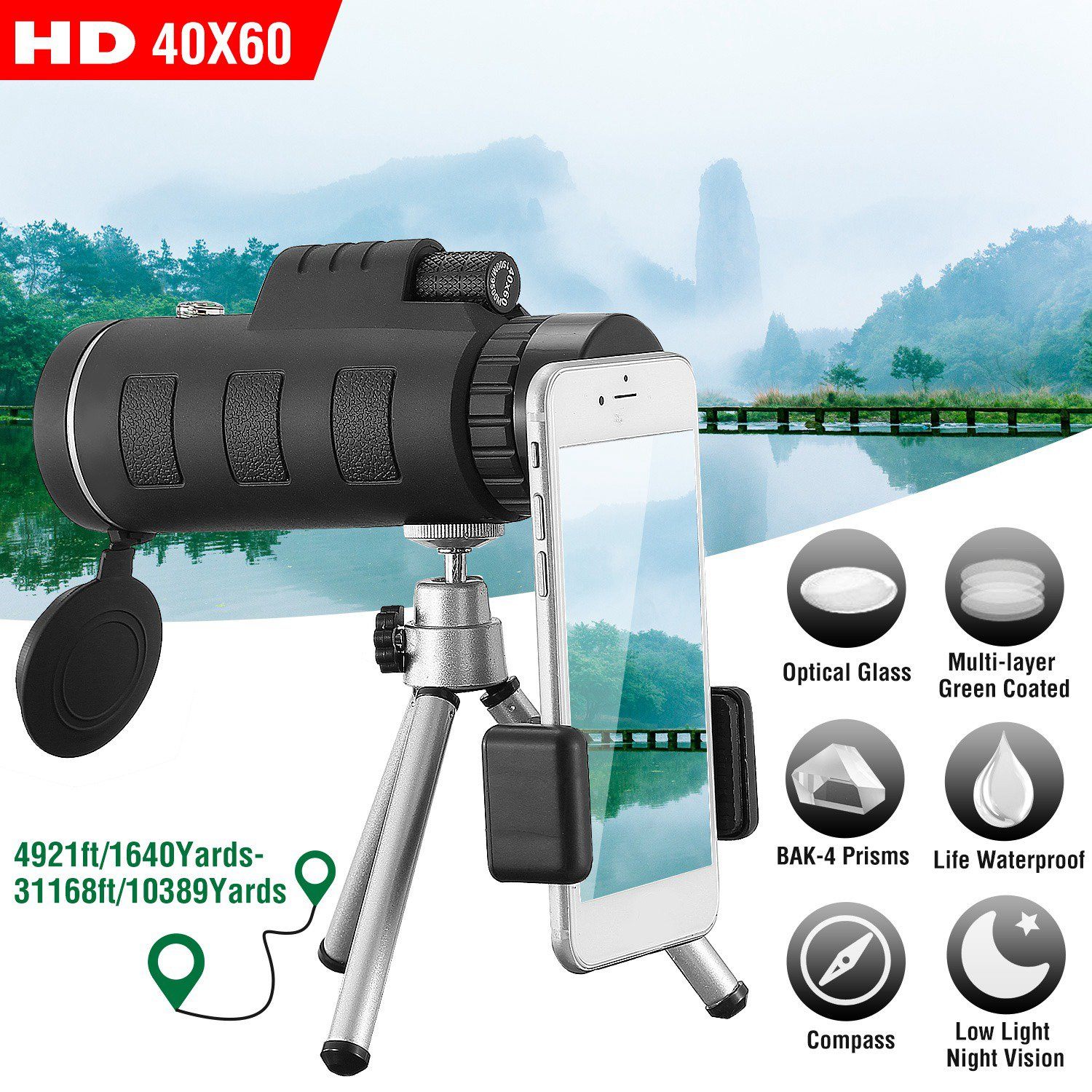 40x60 HD Optical Monocular Telescope with FMC Lens Sports & Outdoors - DailySale