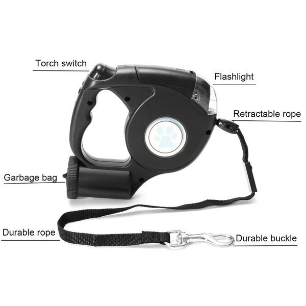 4.5M LED Flashlight Extendable Retractable Pet Dog Leash Lead with Garbage Bag Pet Supplies - DailySale