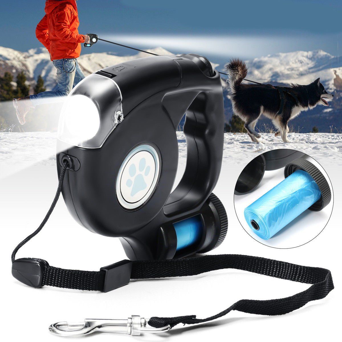 4.5M LED Flashlight Extendable Retractable Pet Dog Leash Lead with Garbage Bag Pet Supplies - DailySale