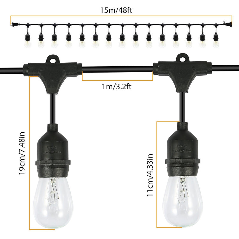 48ft Outdoor String Light Waterproof Patio String Lights Bulbs Outdoor Lighting - DailySale