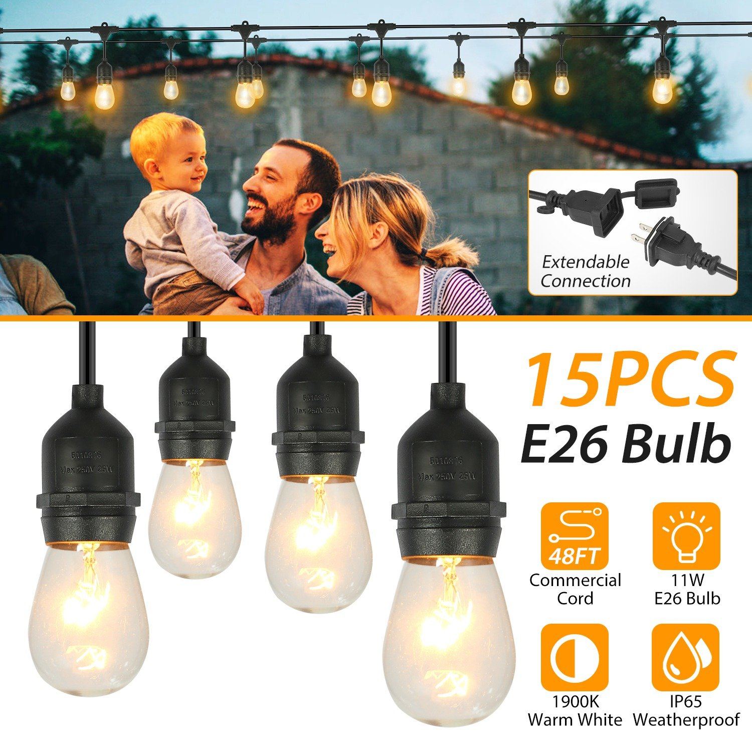 48ft Outdoor String Light Waterproof Patio String Lights Bulbs Outdoor Lighting - DailySale