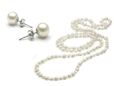 3-Piece Set: 36" White Freshwater Pearl Endless Necklace and Earrings Set - DailySale, Inc