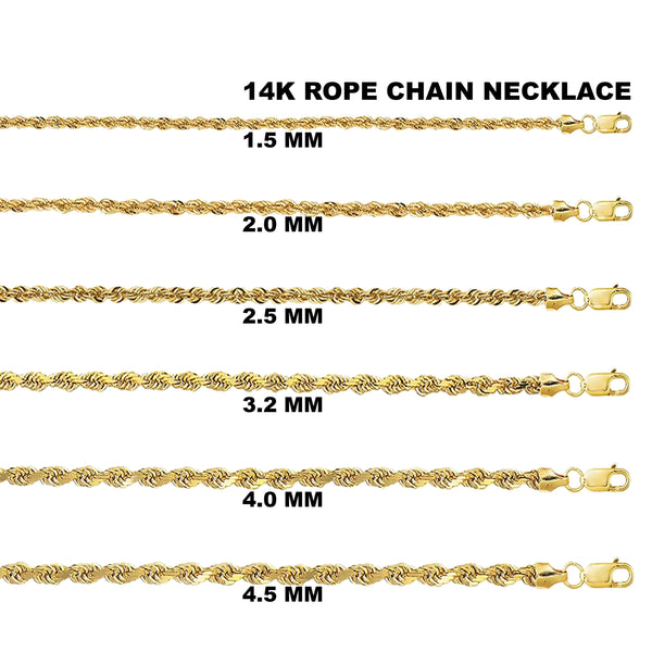 Display of 4K Yellow Gold Rope Diamond Cut Chain Necklaces of different sizes, from 1.5MM to 4.5MM