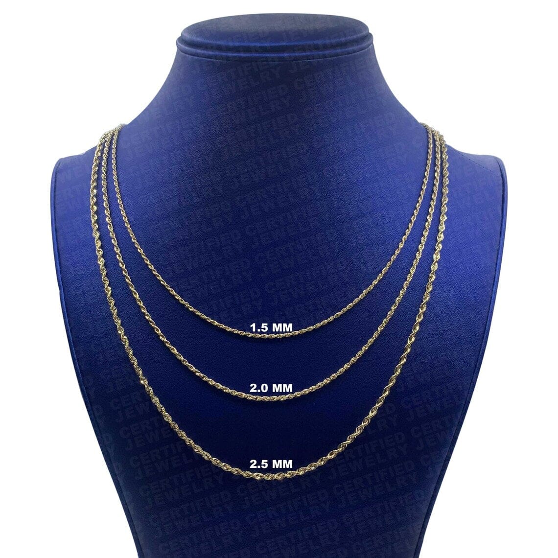 Display of a 1.5, 2, and 2.5MM 4K Yellow Gold Rope Diamond Cut Chain Necklaces on a mannequin