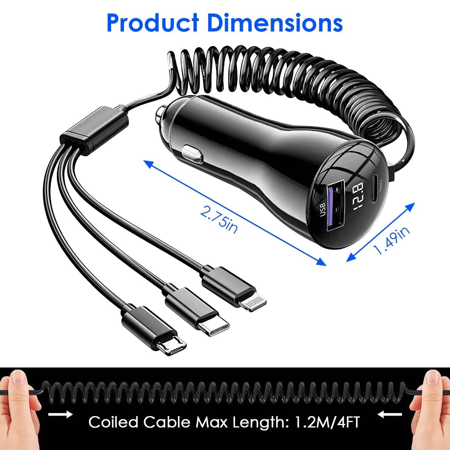 5-in-1 Fast Charge Car Charger QC PD USB Type C LT 5 Port with 4ft Coiled Cable Automotive - DailySale