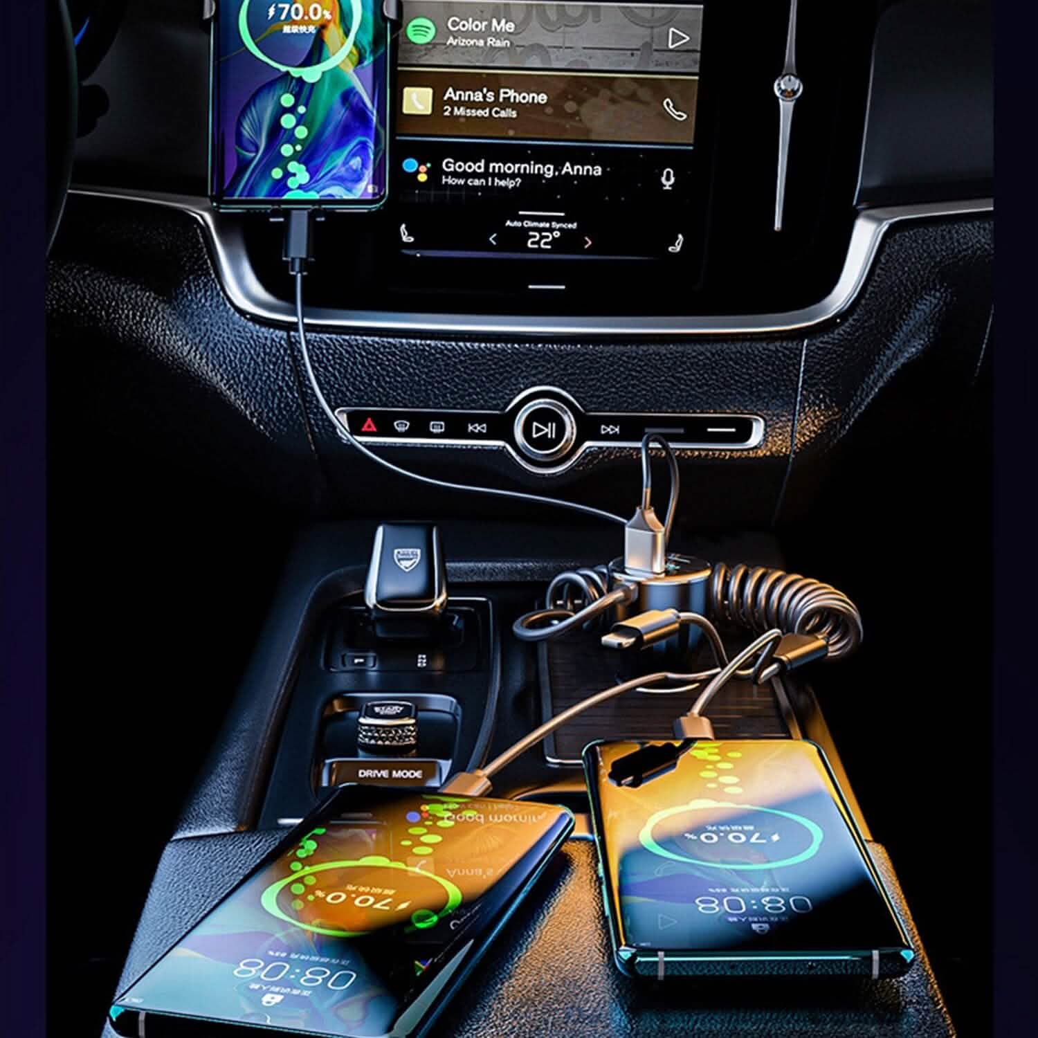 5-in-1 Fast Charge Car Charger QC PD USB Type C LT 5 Port with 4ft Coiled Cable Automotive - DailySale