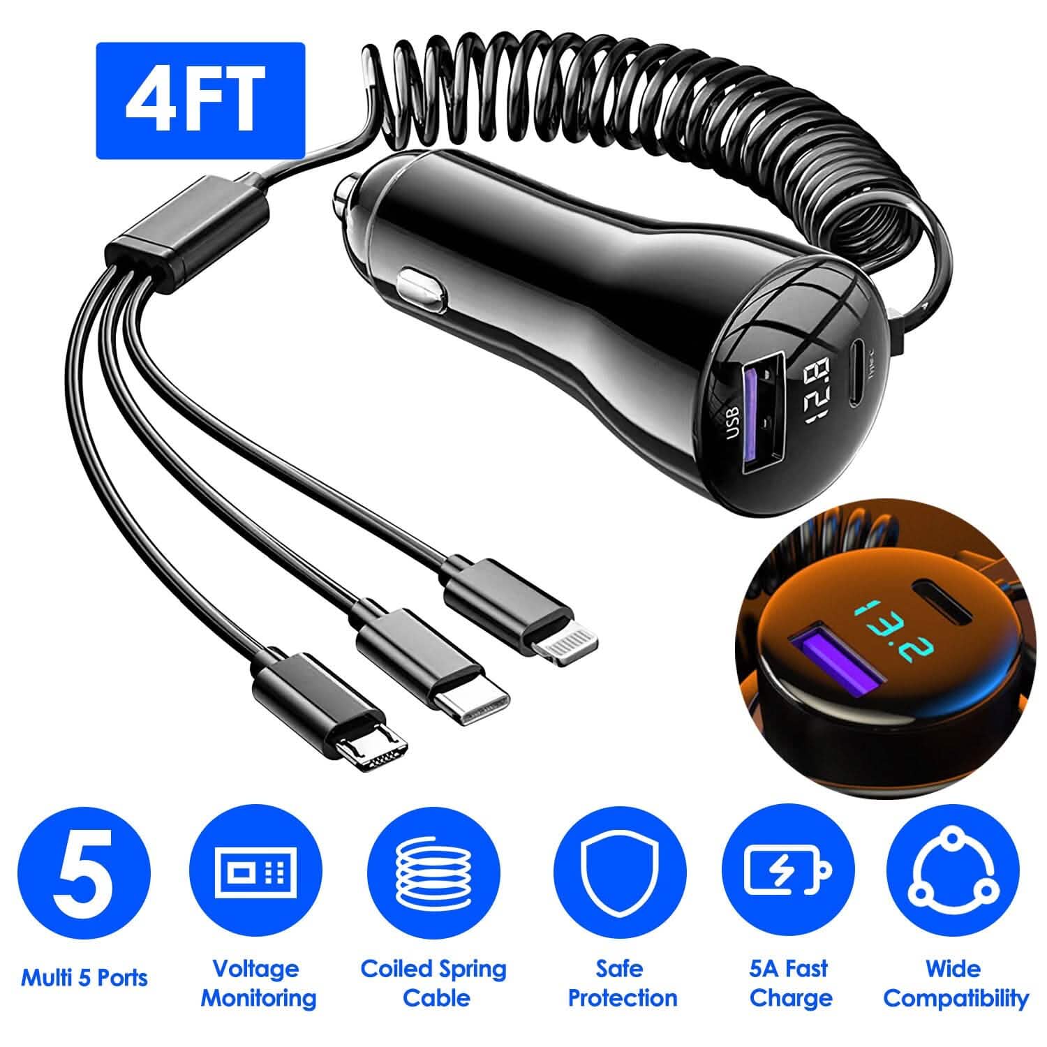 5-in-1 Fast Charge Car Charger QC PD USB Type C LT 5 Port with 4ft Coiled Cable Automotive - DailySale