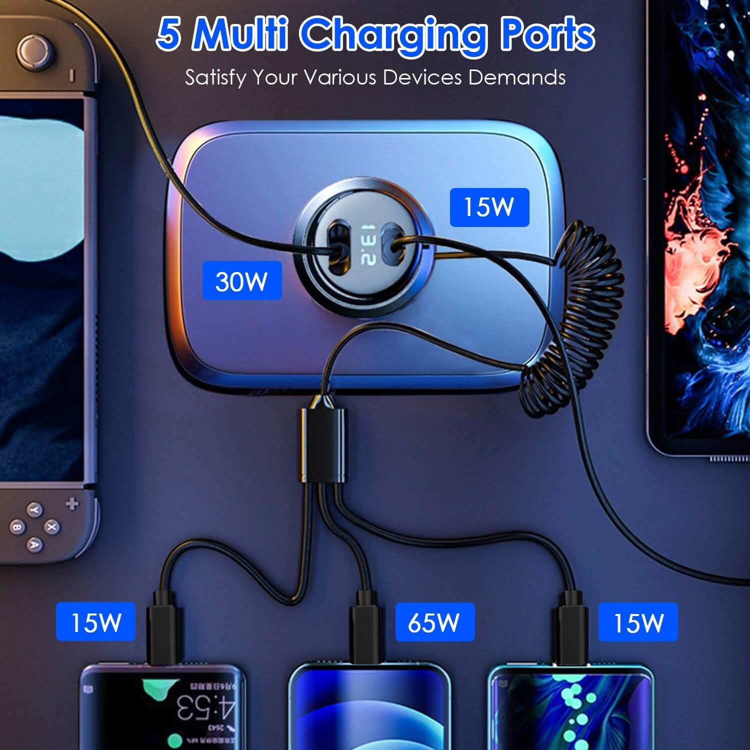 5-in-1 Fast Charge Car Charger QC PD USB Type C LT 5 Port with 4ft Coiled Cable Automotive - DailySale