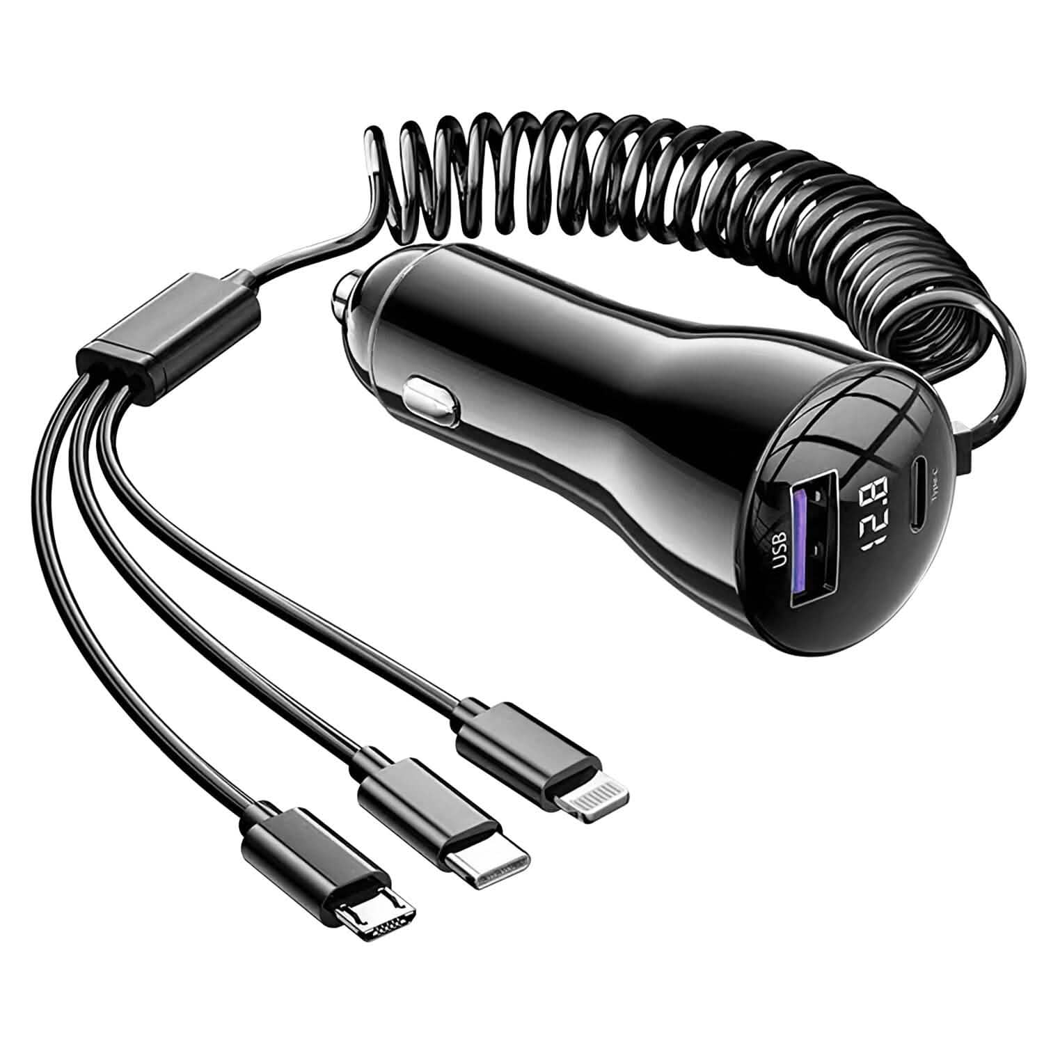 5-in-1 Fast Charge Car Charger QC PD USB Type C LT 5 Port with 4ft Coiled Cable Automotive - DailySale