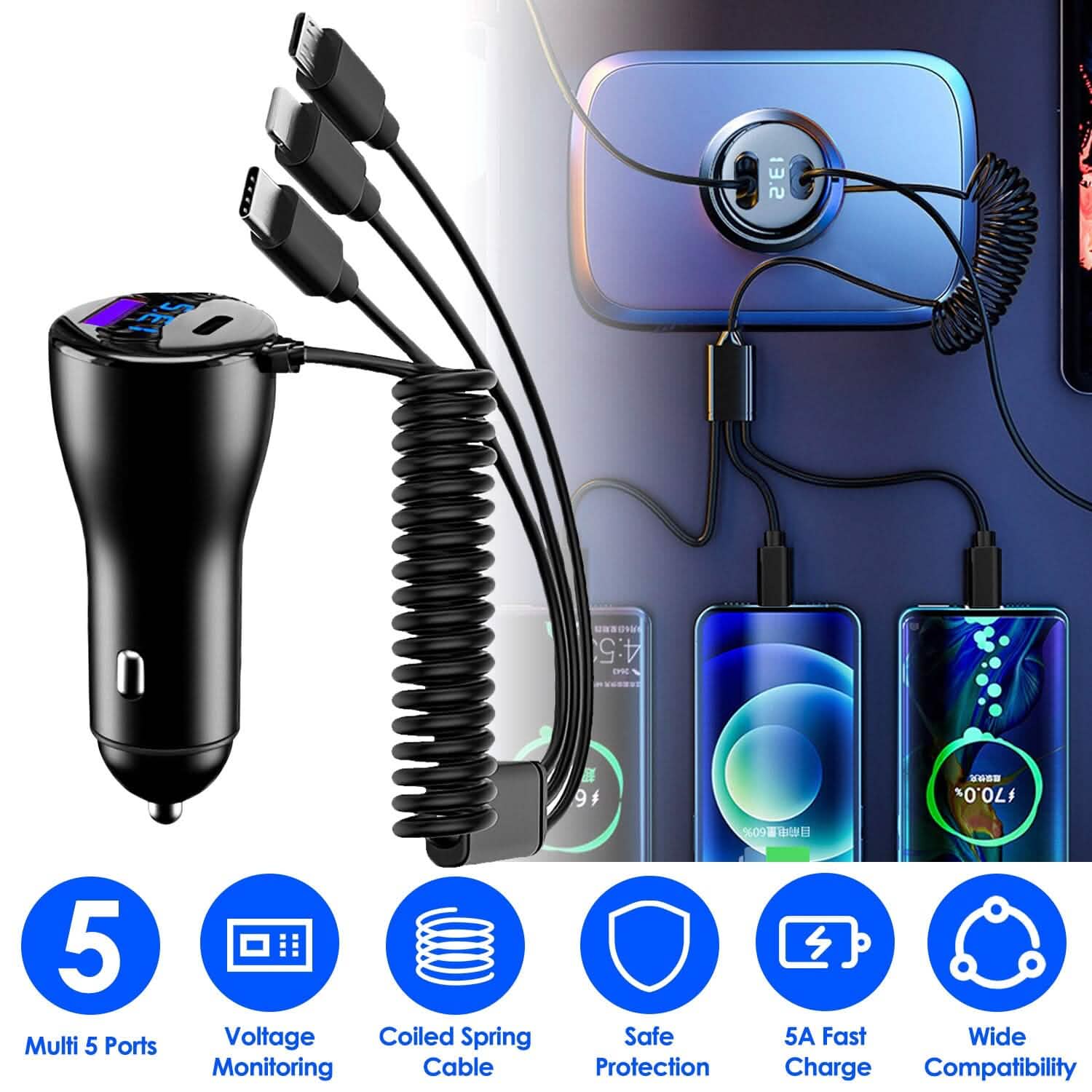 5-in-1 Fast Charge Car Charger QC PD USB Type C LT 5 Port with 4ft Coiled Cable Automotive - DailySale
