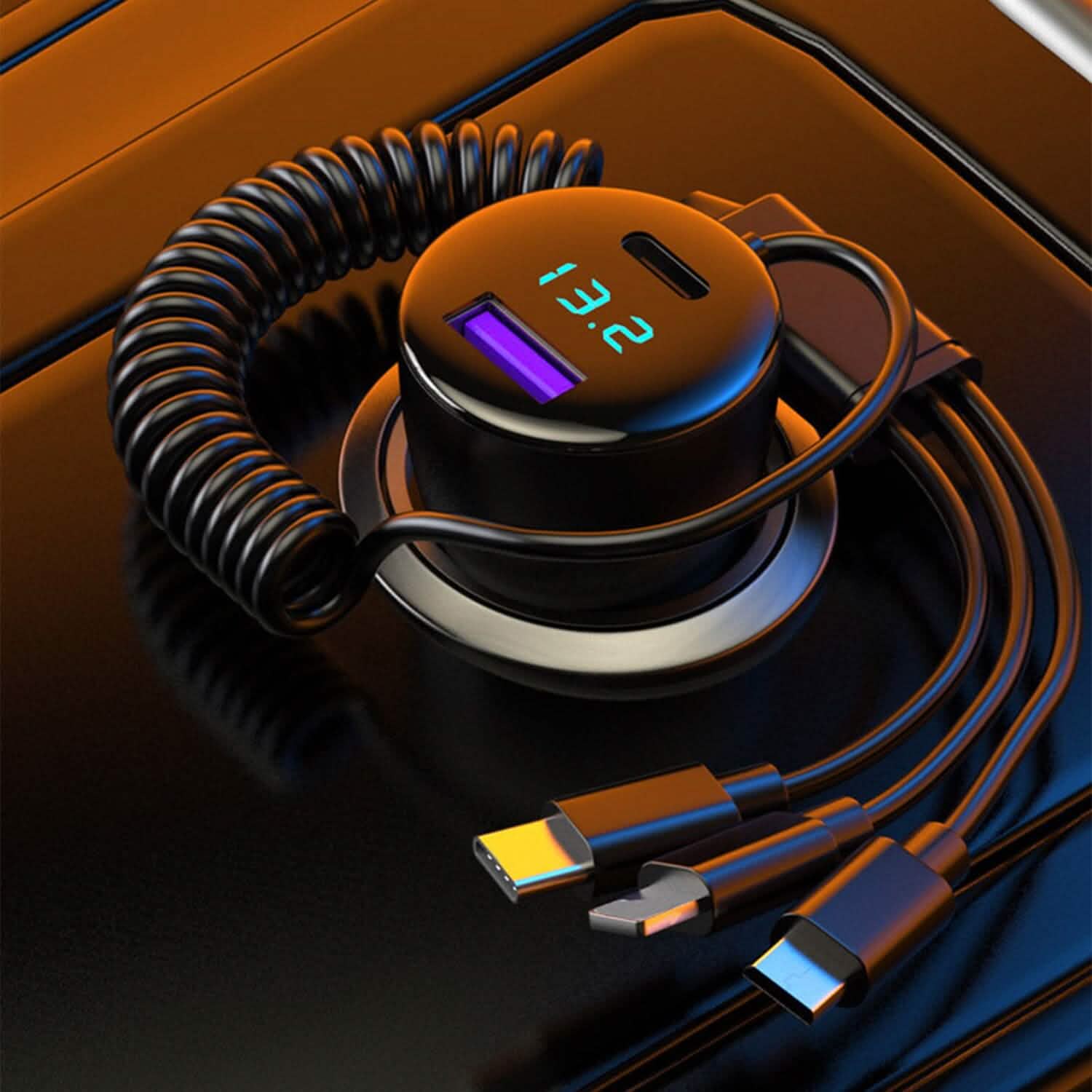 5-in-1 Fast Charge Car Charger QC PD USB Type C LT 5 Port with 4ft Coiled Cable Automotive - DailySale