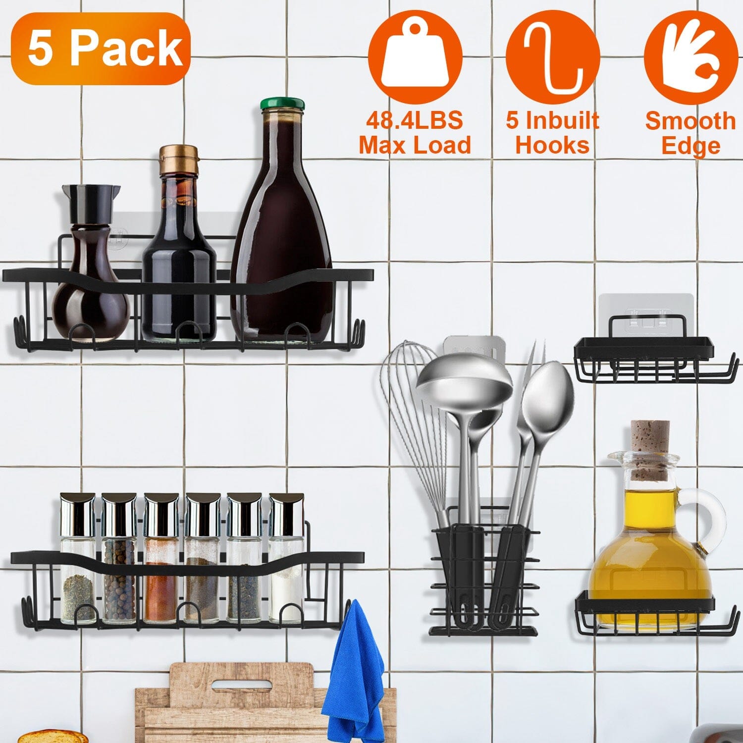 DailySale 5-Pack: Shower Caddy Shelves with 18 Inbuilt Hooks