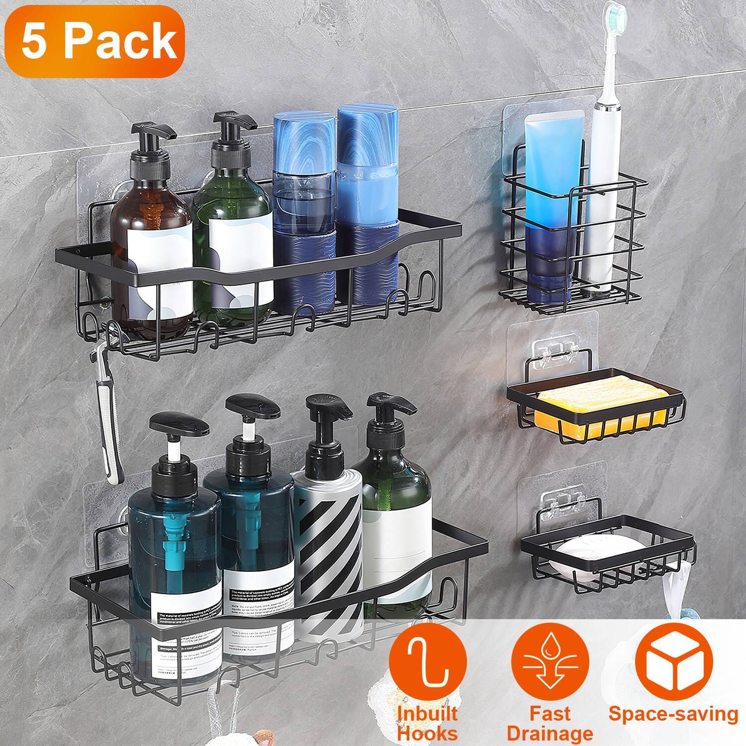 DailySale 5-Pack: Shower Caddy Shelves with 18 Inbuilt Hooks
