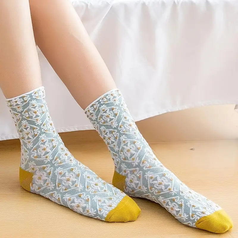 5-Pairs: Flower Geometric 3D Textured Ankle Cotton Blend Cottage Core Lucky Socks Women's Shoes & Accessories - DailySale
