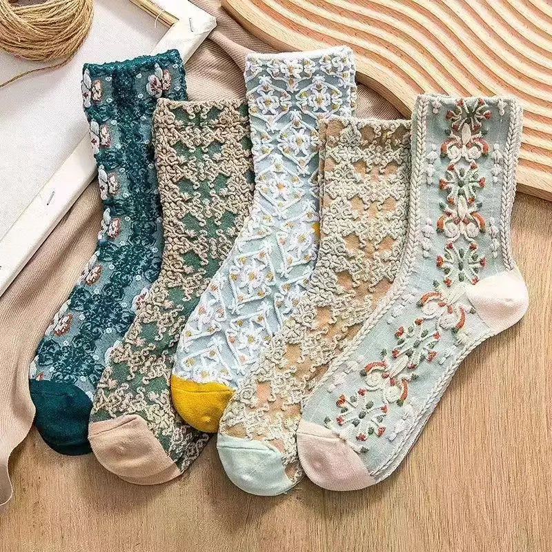 5-Pairs: Flower Geometric 3D Textured Ankle Cotton Blend Cottage Core Lucky Socks Women's Shoes & Accessories - DailySale