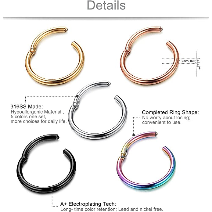 5-Piece: Stainless Steel Septum Piercing Nose Hoop Ring Earrings - DailySale