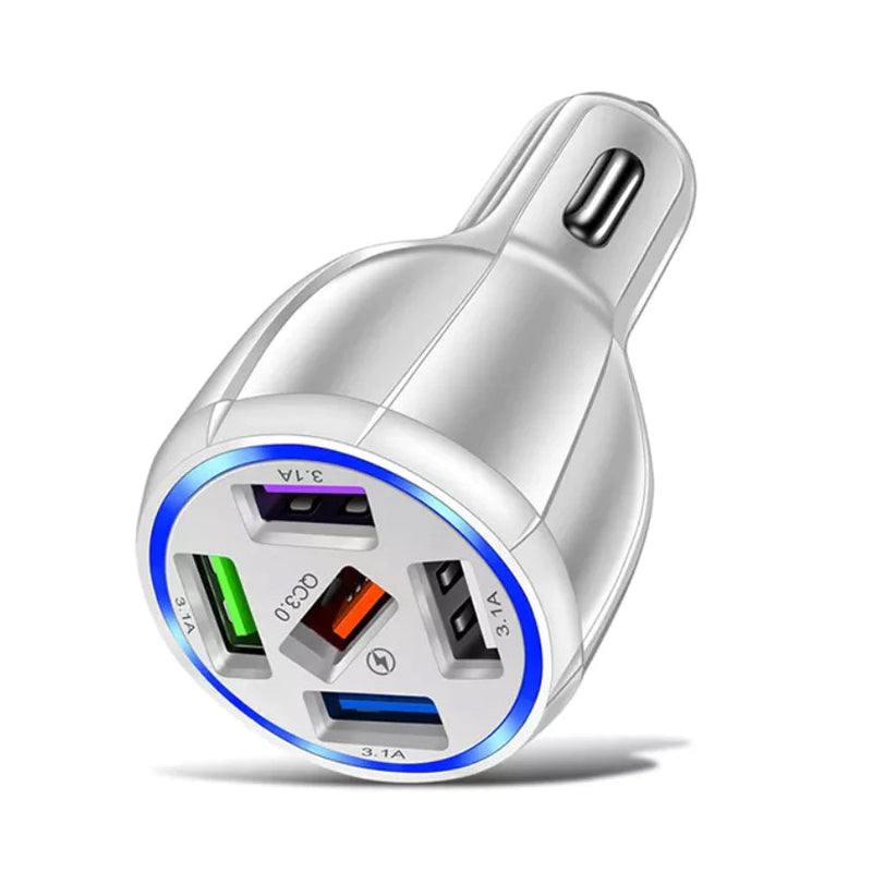 5 Port USB Fast Car Charger with LED Display Automotive White - DailySale
