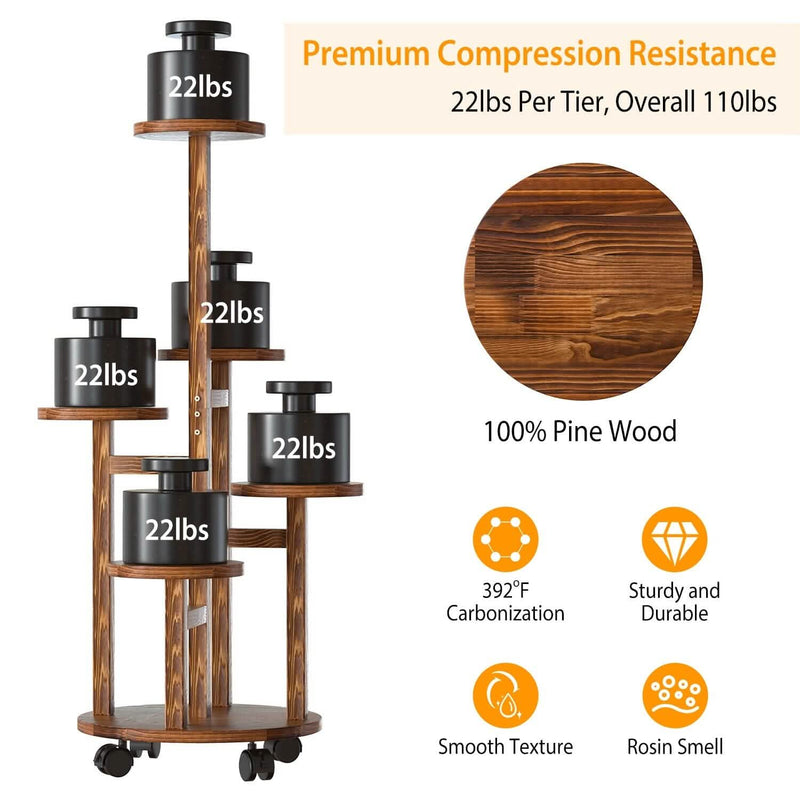 5-Tier Plant Stand with 4 Detachable Wheels Wooden Plant Pot Rolling Shelf Furniture & Decor - DailySale