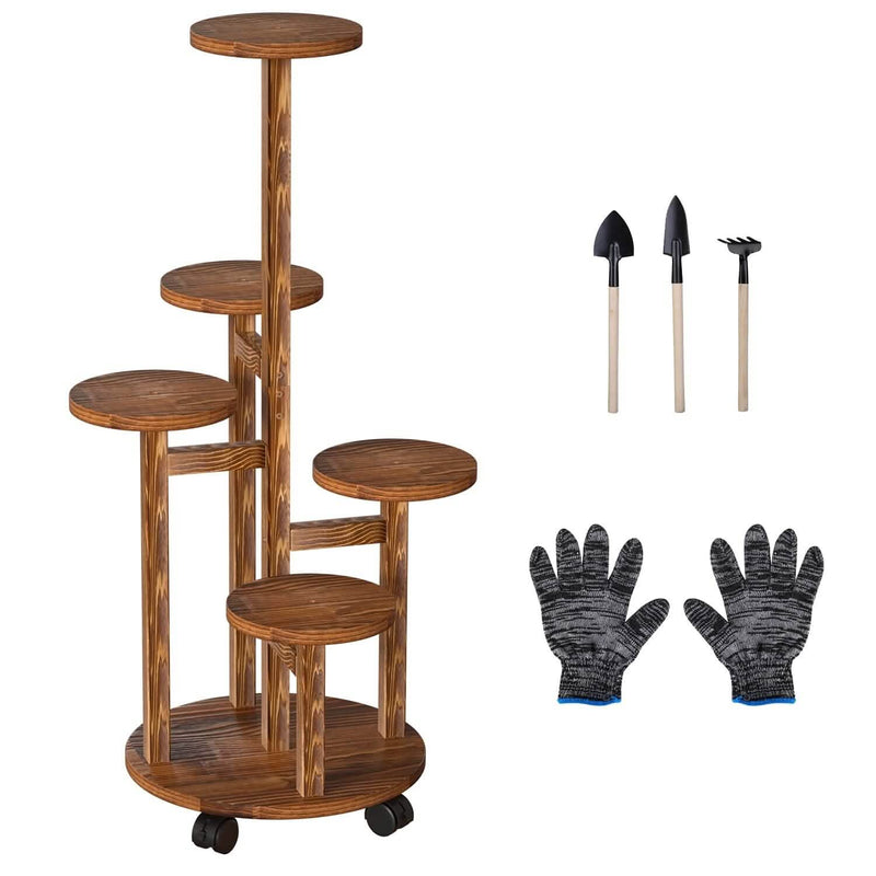 5-Tier Plant Stand with 4 Detachable Wheels Wooden Plant Pot Rolling Shelf Furniture & Decor - DailySale