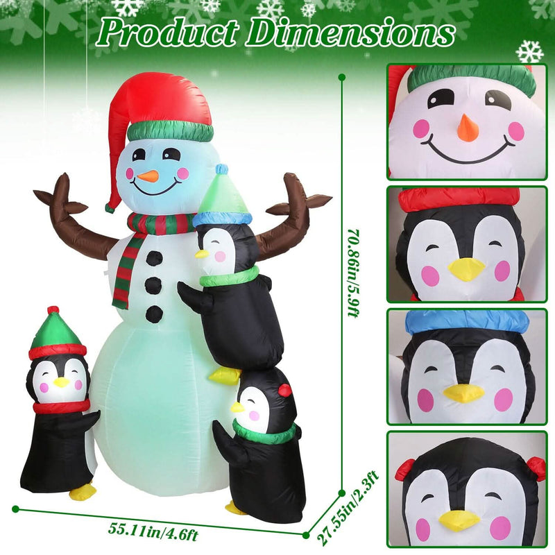 5.9Ft Snowman and Penguin Blow Up Yard Decoration with LED Light Built-in Air Blower Holiday Decor & Apparel - DailySale