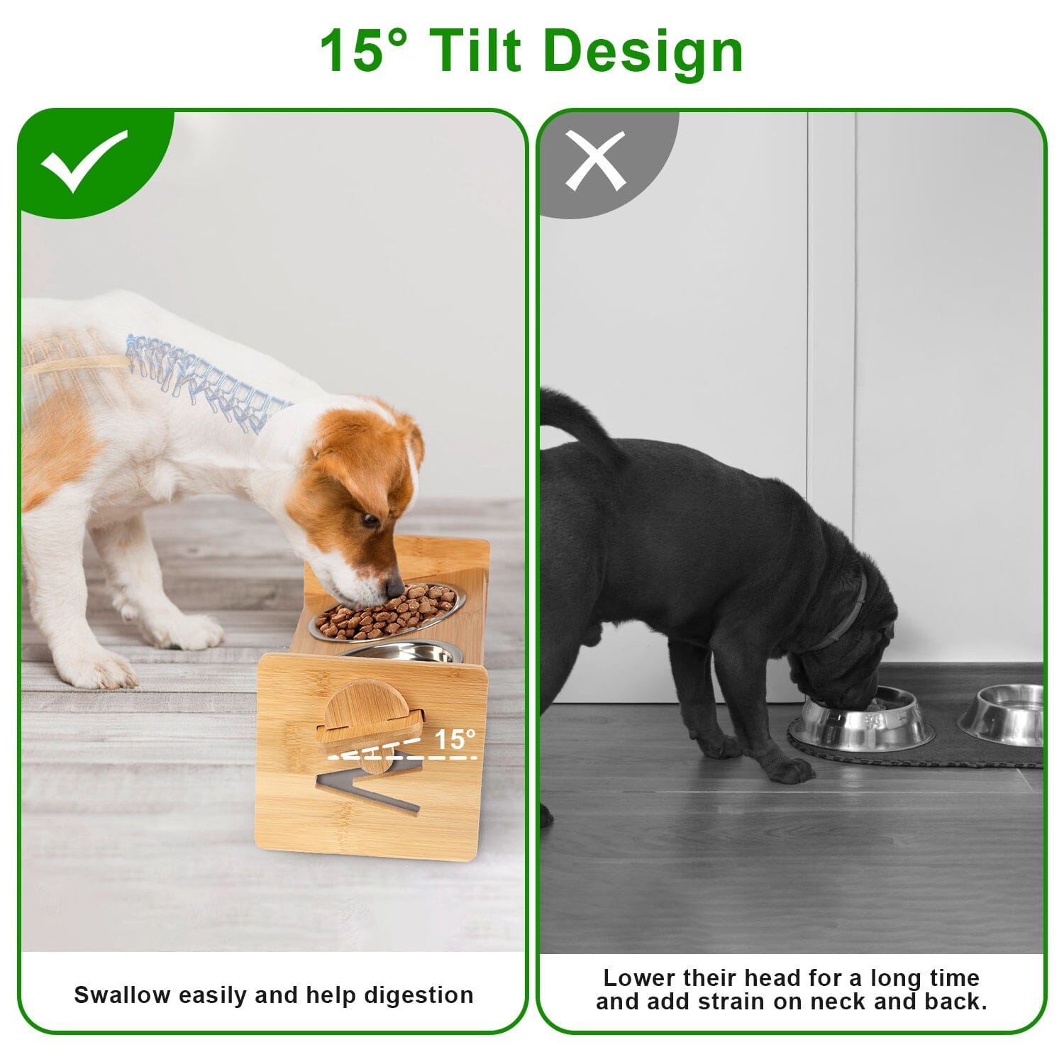 5°Tilt Bamboo Double Elevated Dog Bowls with 4 Adjustable Heights Pet Supplies - DailySale