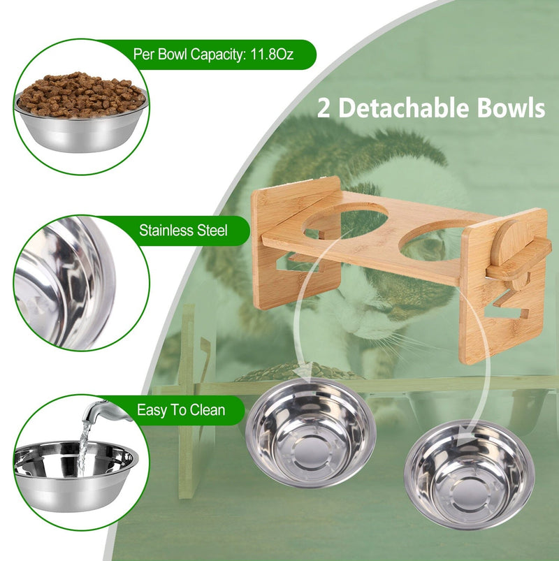 5°Tilt Bamboo Double Elevated Dog Bowls with 4 Adjustable Heights Pet Supplies - DailySale