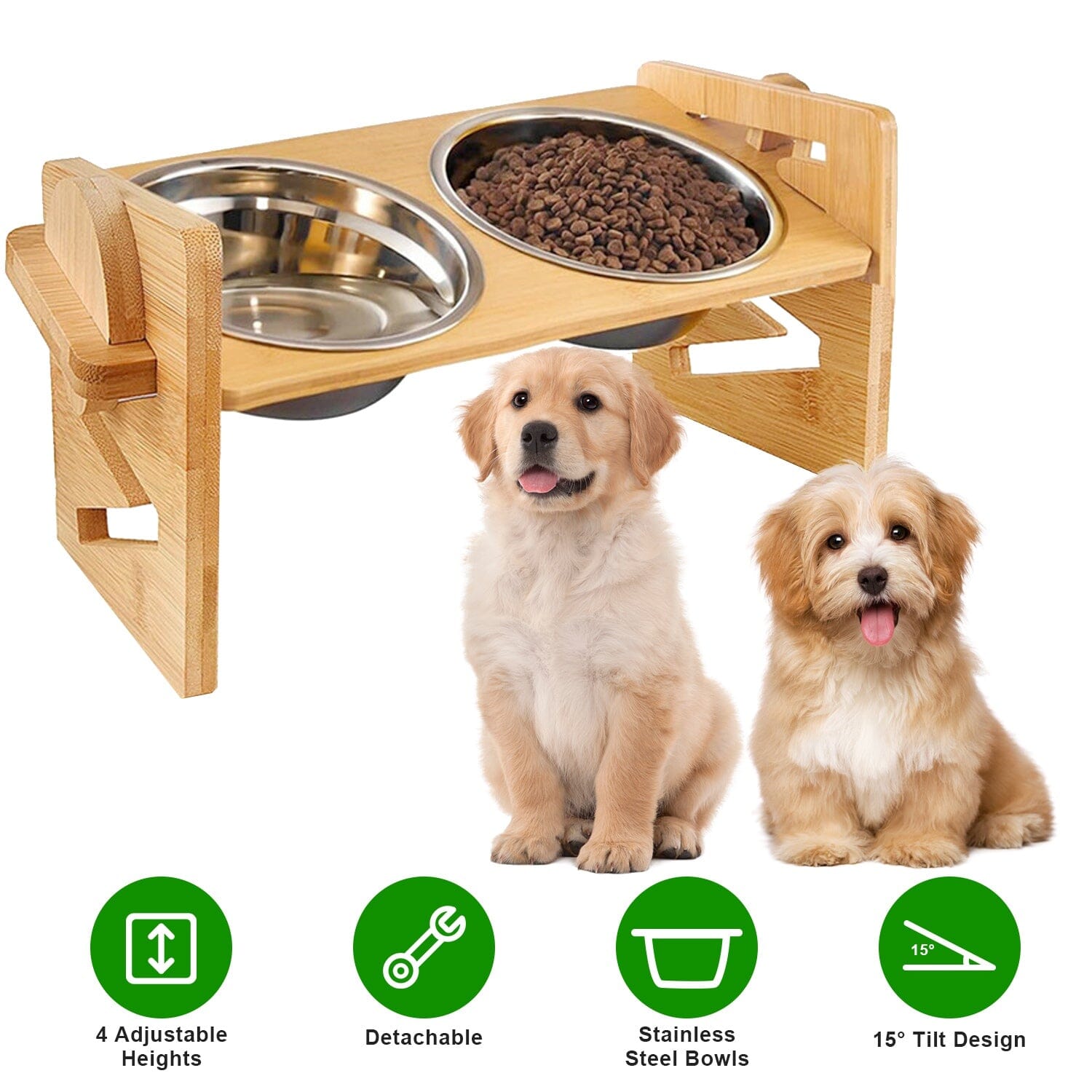 5°Tilt Bamboo Double Elevated Dog Bowls with 4 Adjustable Heights Pet Supplies - DailySale