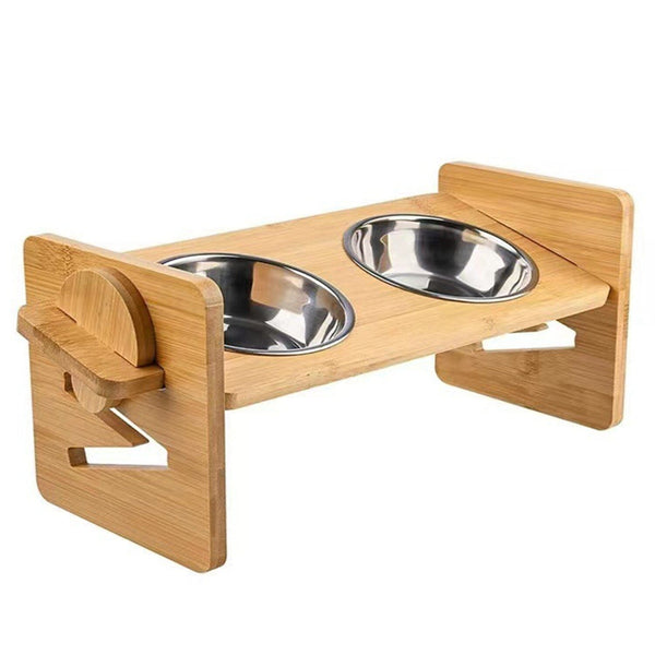 5°Tilt Bamboo Double Elevated Dog Bowls with 4 Adjustable Heights Pet Supplies - DailySale