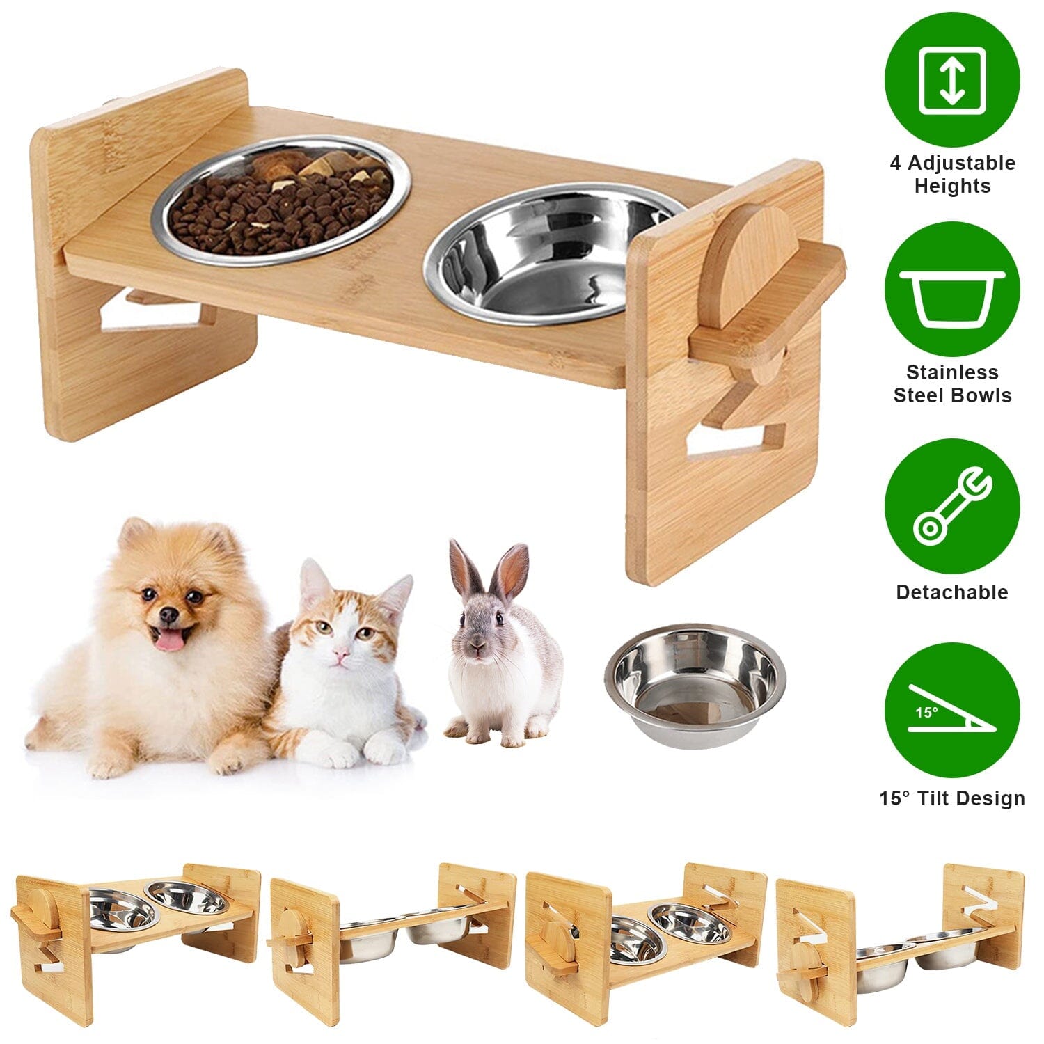 5°Tilt Bamboo Double Elevated Dog Bowls with 4 Adjustable Heights Pet Supplies - DailySale