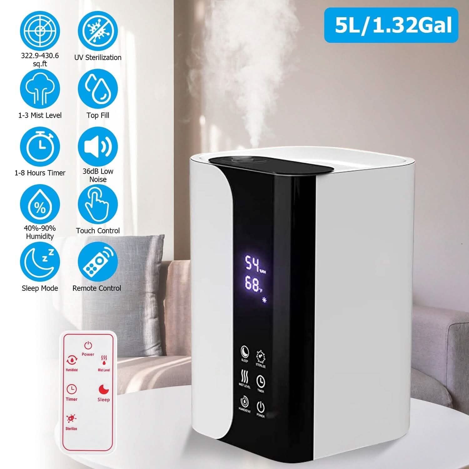 5L Gal Humidifier Top Fill Cool Mist with Essential Oils Diffuser Filter Wellness - DailySale